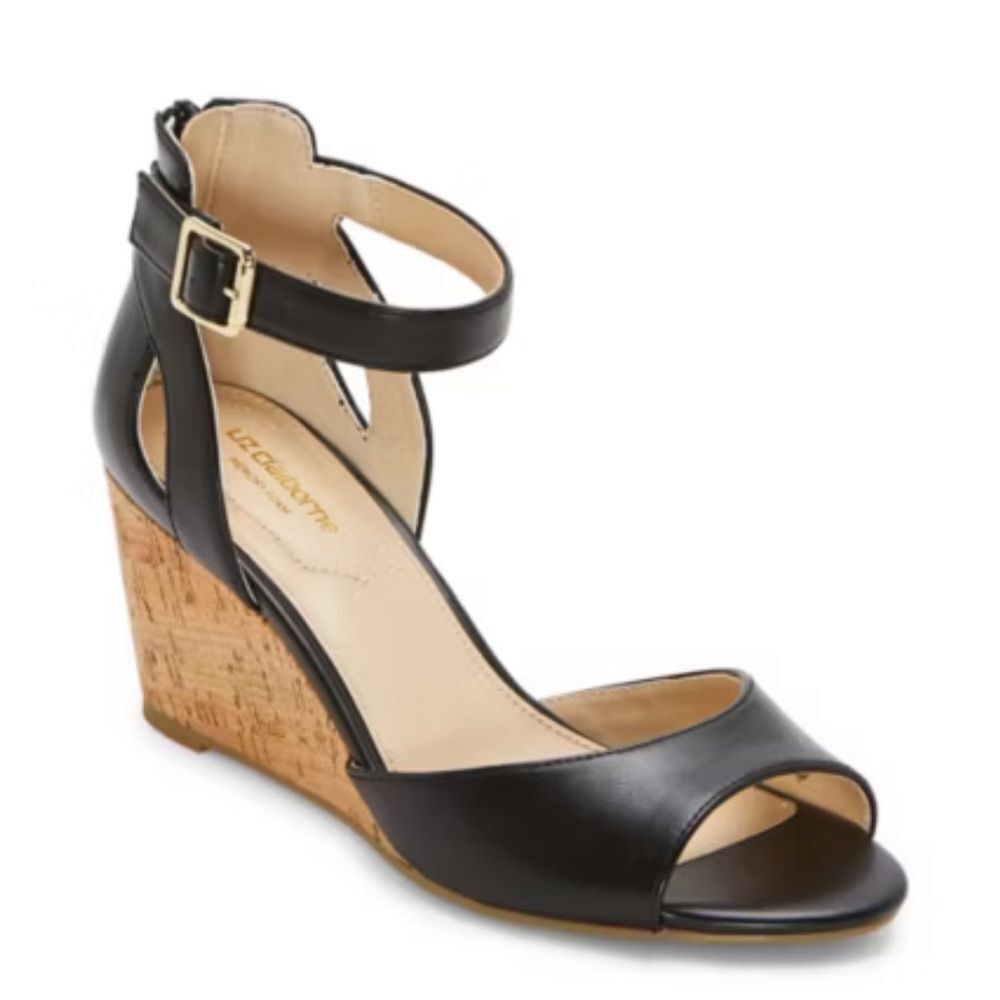 Liz Claiborne Black Octavia Cork Wedge Heel Sandals Ankle Strap Women’s